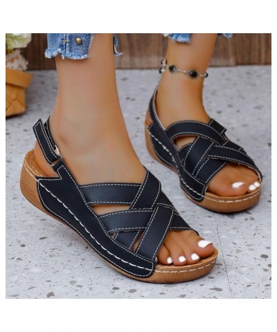 Womens Sandals Comfortable Ladies Summer Retro Slope Heel Sandals Thick Bottom Buckle Strap Fish Mouth Sandals Solid Black $1...