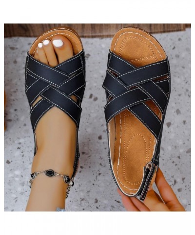 Womens Sandals Comfortable Ladies Summer Retro Slope Heel Sandals Thick Bottom Buckle Strap Fish Mouth Sandals Solid Black $1...