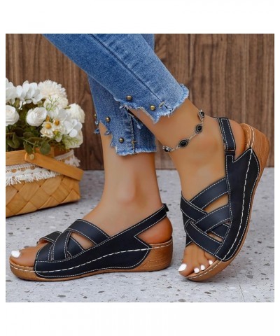 Womens Sandals Comfortable Ladies Summer Retro Slope Heel Sandals Thick Bottom Buckle Strap Fish Mouth Sandals Solid Black $1...