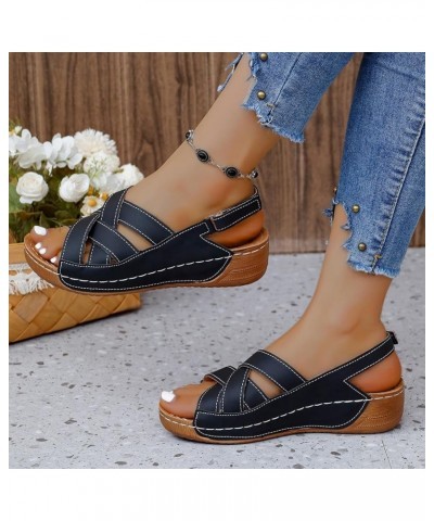 Womens Sandals Comfortable Ladies Summer Retro Slope Heel Sandals Thick Bottom Buckle Strap Fish Mouth Sandals Solid Black $1...