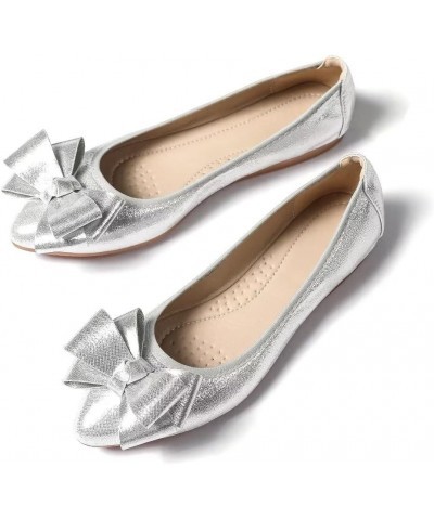 Womens Foldable Pointed Toe Ballet Flats Rhinestone Loafers Fashion Flats Bow 2 Silver $13.82 Flats