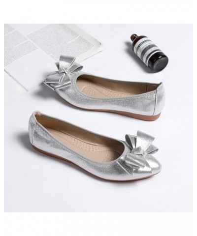 Womens Foldable Pointed Toe Ballet Flats Rhinestone Loafers Fashion Flats Bow 2 Silver $13.82 Flats