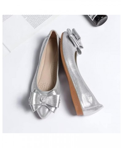 Womens Foldable Pointed Toe Ballet Flats Rhinestone Loafers Fashion Flats Bow 2 Silver $13.82 Flats