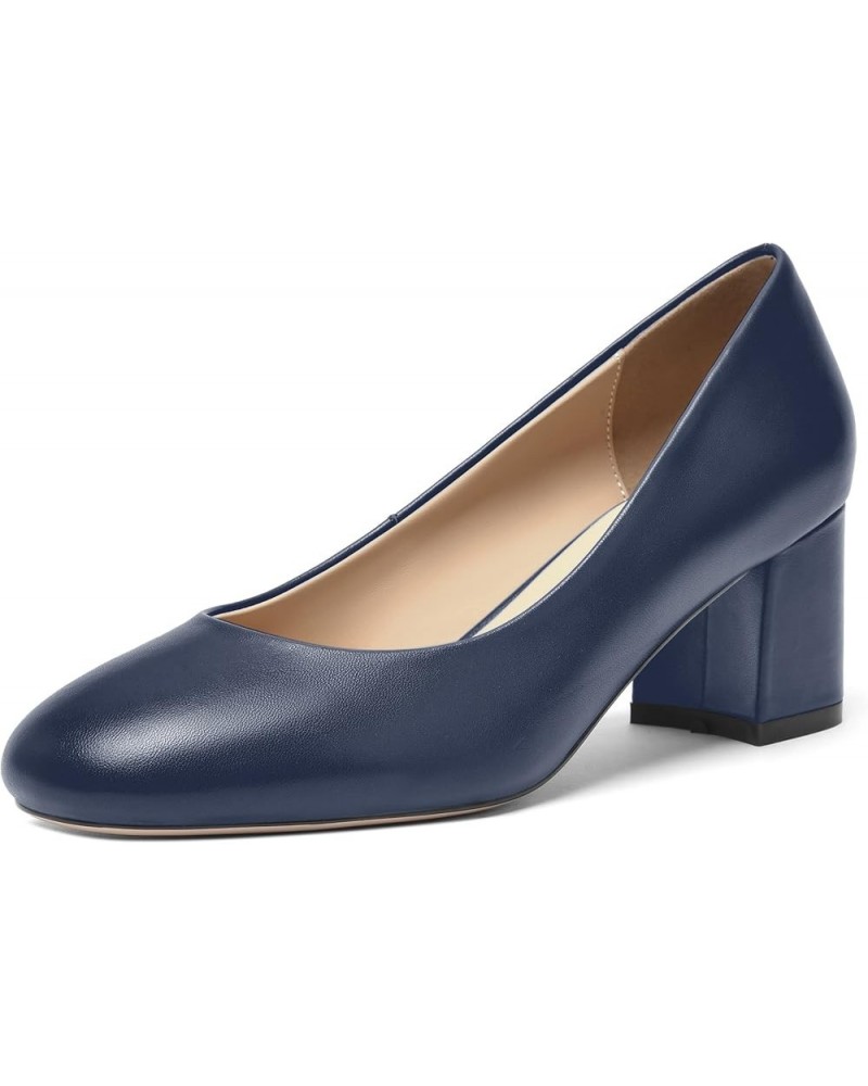 Womens Casual Matte Leather Round Toe Office Comfortable Slip On Chunky Low Heel Pumps Dressy Shoes 2.2 Inch Navy Blue $46.80...