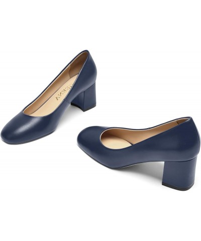 Womens Casual Matte Leather Round Toe Office Comfortable Slip On Chunky Low Heel Pumps Dressy Shoes 2.2 Inch Navy Blue $46.80...