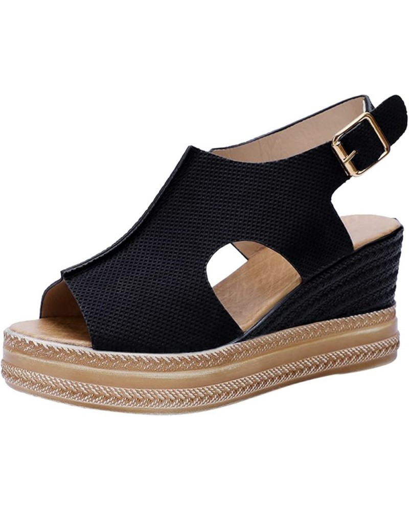 Women Solid Color Hollow Out Leather Wedge Sandals Ladies Fashion Breathable Open Toe Wedge Heel Sandals Buckle Strap Sandal ...