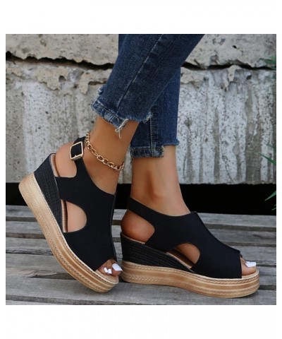 Women Solid Color Hollow Out Leather Wedge Sandals Ladies Fashion Breathable Open Toe Wedge Heel Sandals Buckle Strap Sandal ...