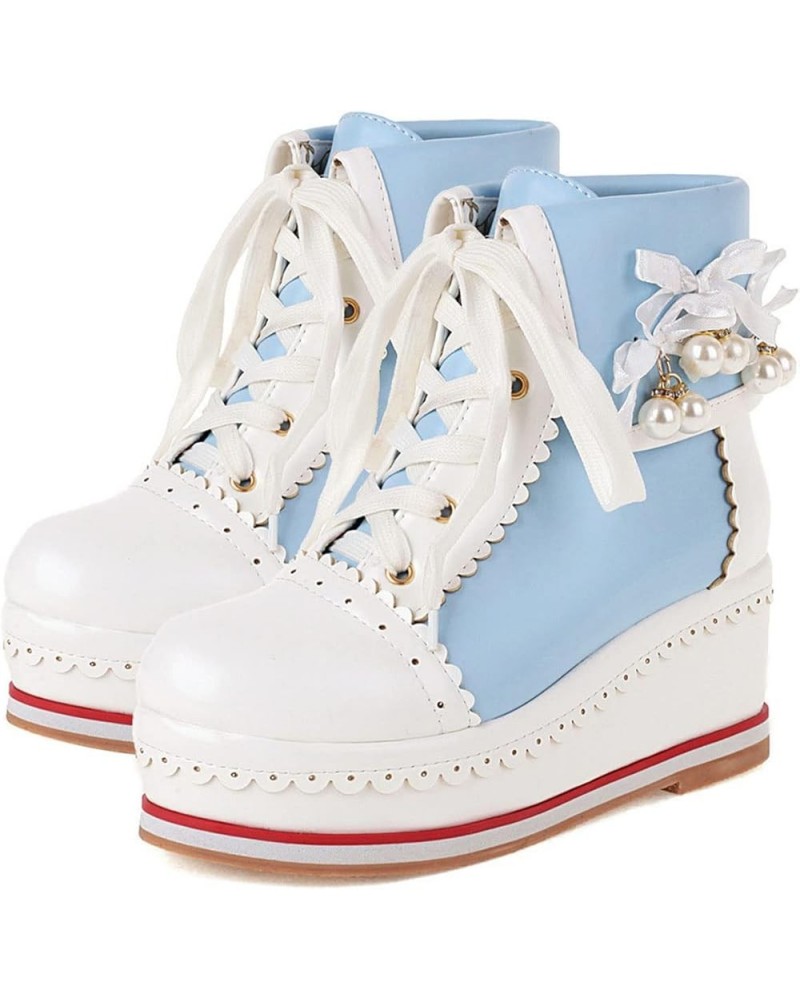 Women's Cute Platform Wedge Ankle Boots Cosplay Round Toe Lace Up High Heels Booties Kawaii Shoes Blue $30.15 Boots