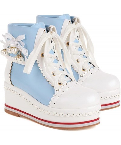 Women's Cute Platform Wedge Ankle Boots Cosplay Round Toe Lace Up High Heels Booties Kawaii Shoes Blue $30.15 Boots