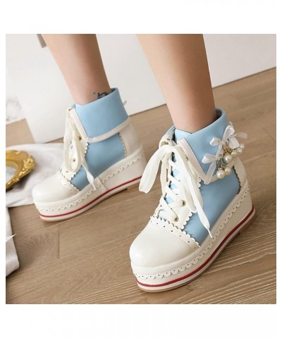 Women's Cute Platform Wedge Ankle Boots Cosplay Round Toe Lace Up High Heels Booties Kawaii Shoes Blue $30.15 Boots