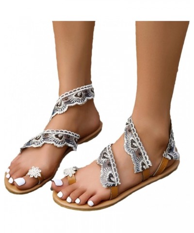 2023 New Thong Sandals Elegant Lace Flower Sandals for Bridal Summer Flat Roman Sandals Vintage PU Leather Flip Flops Leisure...