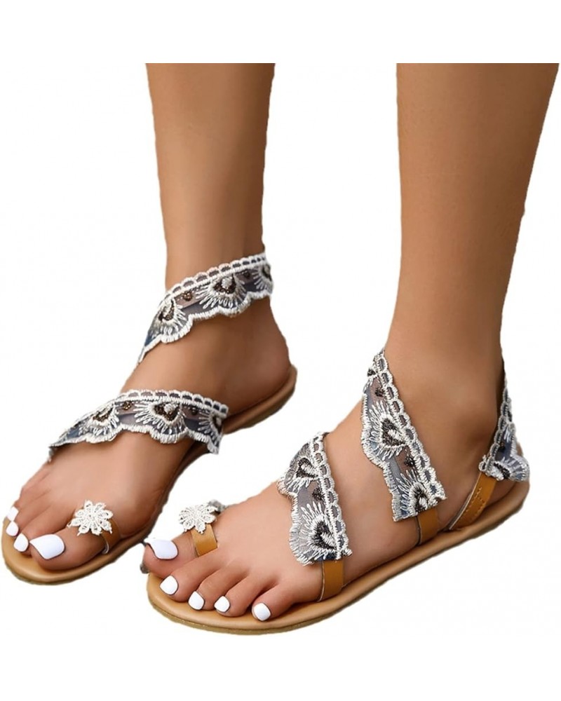 2023 New Thong Sandals Elegant Lace Flower Sandals for Bridal Summer Flat Roman Sandals Vintage PU Leather Flip Flops Leisure...