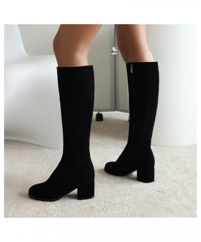 Ladies Fashion Solid Color Chunky High Heel Side Zipper Long Knee Boots Women's Thigh High Boots Size 11 Wide Black $23.70 Ox...