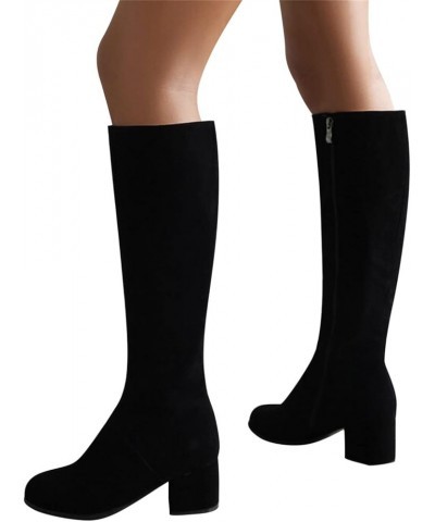 Ladies Fashion Solid Color Chunky High Heel Side Zipper Long Knee Boots Women's Thigh High Boots Size 11 Wide Black $23.70 Ox...