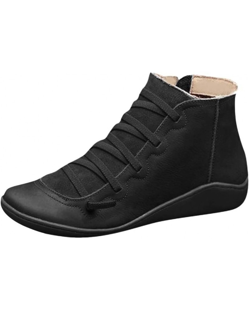 Shoe Flat Casual Boots Side Women's Lace-up Boots Toe Zipper Round Leather Retro Women's Boots Snow Boots Womens Black $13.39...