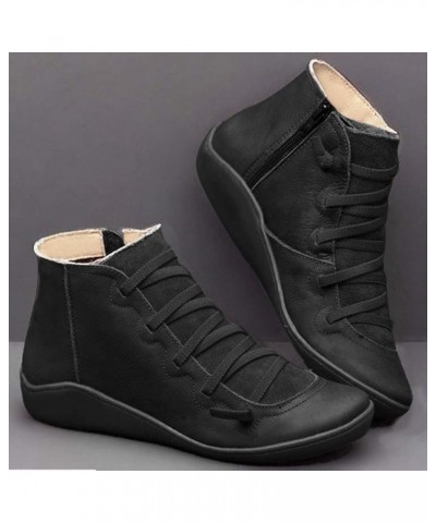 Shoe Flat Casual Boots Side Women's Lace-up Boots Toe Zipper Round Leather Retro Women's Boots Snow Boots Womens Black $13.39...