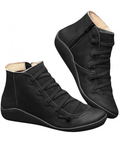 Shoe Flat Casual Boots Side Women's Lace-up Boots Toe Zipper Round Leather Retro Women's Boots Snow Boots Womens Black $13.39...