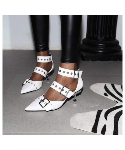 Womens Fashion Mary Jane Stiletto Pumps Pointed Toe Mid Heel Sandals Ankle Strap Buckles Classic Cutout Club Party Shoes Whit...