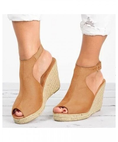 Women's Sandals Ladies Fashion Solid Buckle Shoes Strap Casual Roman Wedges Flat Tie up Sandals for Women Khaki $18.02 Sandals