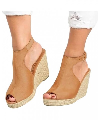 Women's Sandals Ladies Fashion Solid Buckle Shoes Strap Casual Roman Wedges Flat Tie up Sandals for Women Khaki $18.02 Sandals