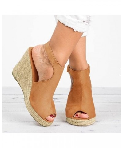 Women's Sandals Ladies Fashion Solid Buckle Shoes Strap Casual Roman Wedges Flat Tie up Sandals for Women Khaki $18.02 Sandals