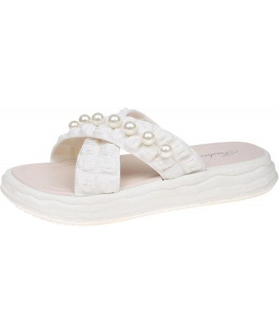 Sandals Women Summer Casual Pattern Simple Pearl Decoration Thick Sole Flat Bottom Comfortable Summer Beach White $17.54 Sandals