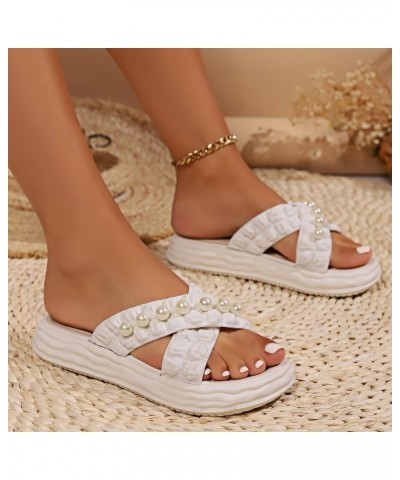 Sandals Women Summer Casual Pattern Simple Pearl Decoration Thick Sole Flat Bottom Comfortable Summer Beach White $17.54 Sandals