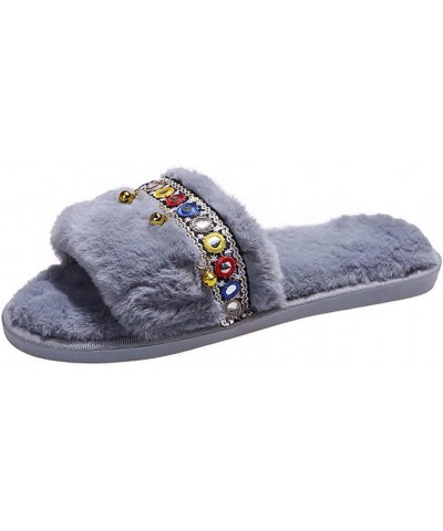 Women's Fuzzy Slippers Open Toe Fur Slides Fluffy Plush Slippers Furry Slip On Slippers House Shoes A6 Grey $10.12 Slippers