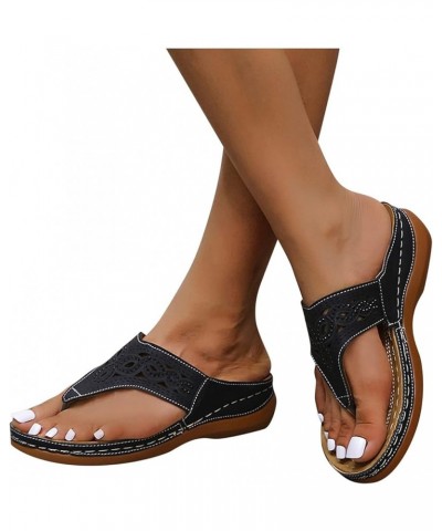 Sandals Women Comfortable Summer Roman Style Rhinestone T-Strap Wedge Platform Sandal Casual Shoes Flip Slippers Outdoor Blac...