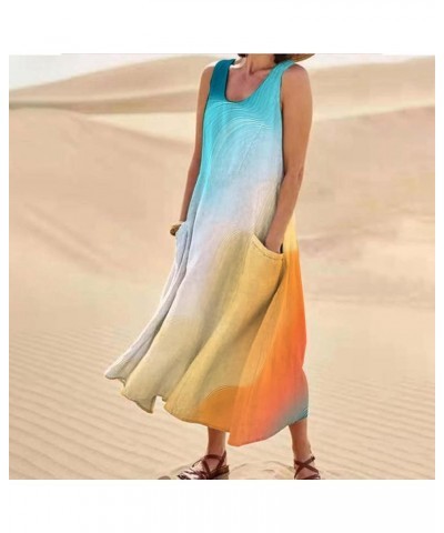 Women Solid Color Round Neck Sleeveless Pocket Comfortable Casual Skirt Long Tank Top Dress Casual House Dresses Sky Blue-b $...