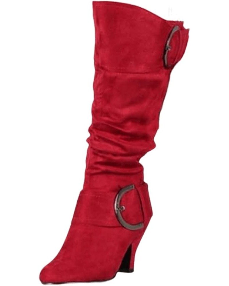 Fall Boots Women Wide Calf Knee High Cowboy Boots Low Cone Heel Slouchy Western Cowgirl Tall boots for Ladies N-red $23.89 Boots