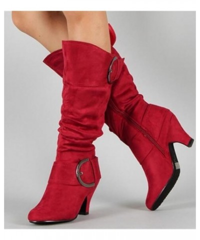 Fall Boots Women Wide Calf Knee High Cowboy Boots Low Cone Heel Slouchy Western Cowgirl Tall boots for Ladies N-red $23.89 Boots