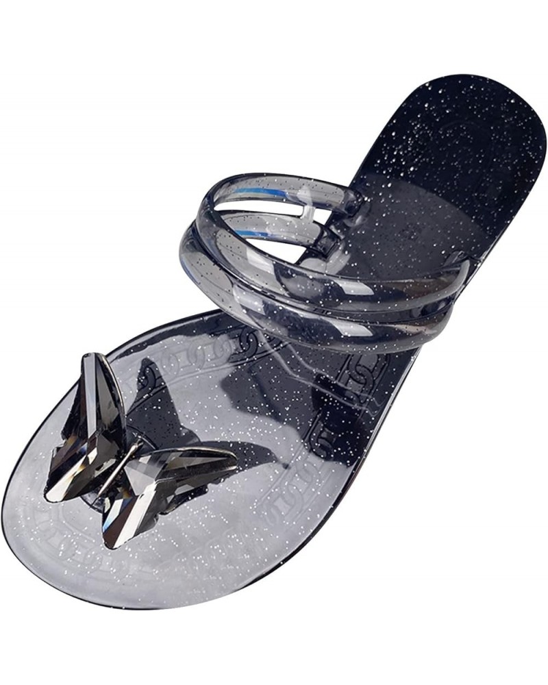 Women Shoes Fashion Flat Bottom Jelly Slippers Butterfly Diamond Clip Foot Sandals Beach Casual Shoes Bare Sandals (Black, 8)...