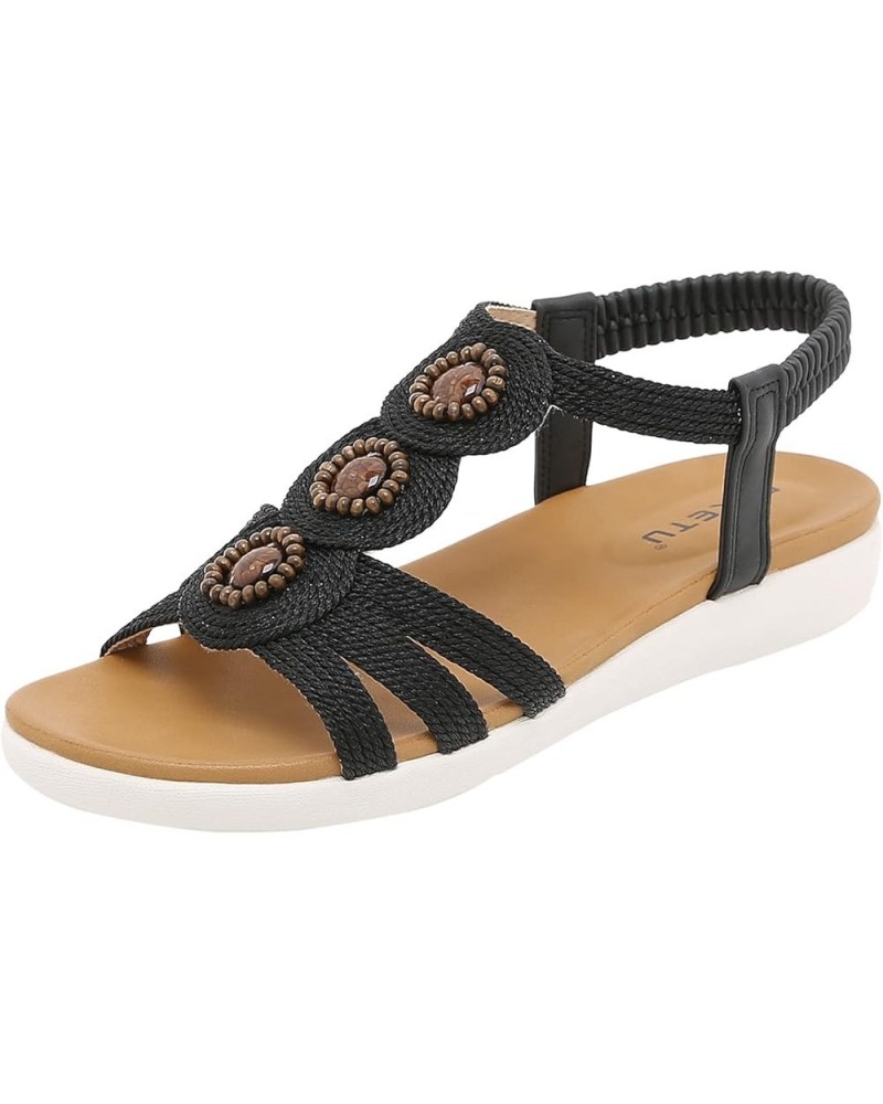 Dressy Flip Flops, Women's T-Strap Beaded Flower Rhinestone Flat Sandals Dress Beach Shoes Black $14.69 Sandals