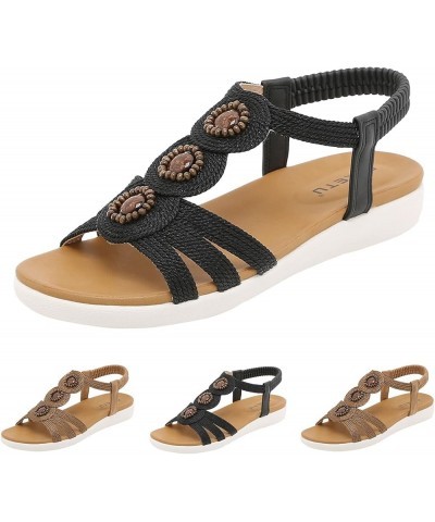 Dressy Flip Flops, Women's T-Strap Beaded Flower Rhinestone Flat Sandals Dress Beach Shoes Black $14.69 Sandals