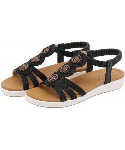 Dressy Flip Flops, Women's T-Strap Beaded Flower Rhinestone Flat Sandals Dress Beach Shoes Black $14.69 Sandals