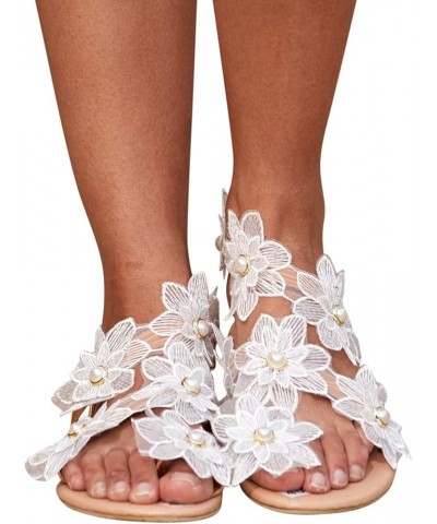 Sandals Women Dressy Summer Flat, Women's Clip Toe Bohemian Sandals Flat Casual Beach Sandals White Lace Floral Strappy Sanda...