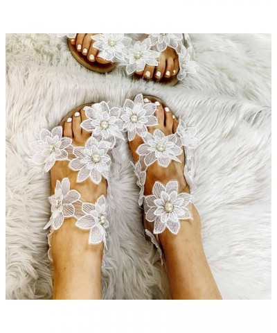 Sandals Women Dressy Summer Flat, Women's Clip Toe Bohemian Sandals Flat Casual Beach Sandals White Lace Floral Strappy Sanda...