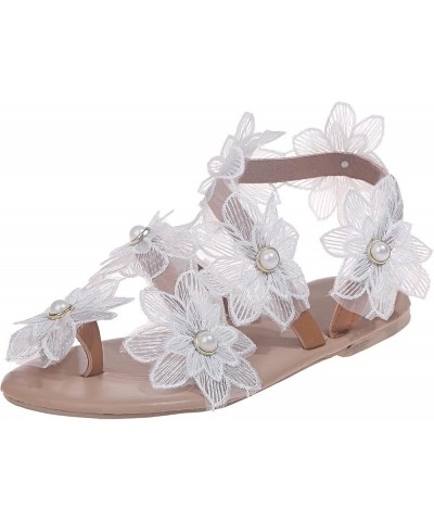 Sandals Women Dressy Summer Flat, Women's Clip Toe Bohemian Sandals Flat Casual Beach Sandals White Lace Floral Strappy Sanda...