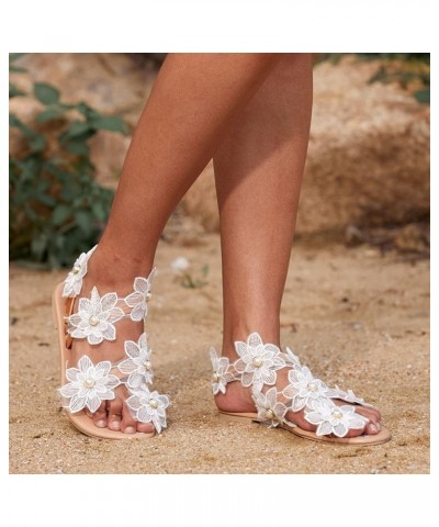 Sandals Women Dressy Summer Flat, Women's Clip Toe Bohemian Sandals Flat Casual Beach Sandals White Lace Floral Strappy Sanda...