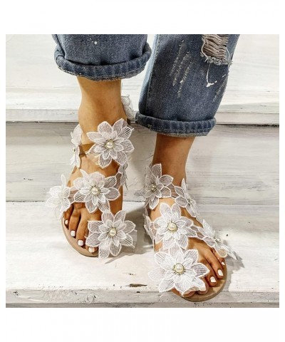 Sandals Women Dressy Summer Flat, Women's Clip Toe Bohemian Sandals Flat Casual Beach Sandals White Lace Floral Strappy Sanda...