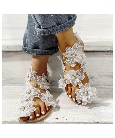 Sandals Women Dressy Summer Flat, Women's Clip Toe Bohemian Sandals Flat Casual Beach Sandals White Lace Floral Strappy Sanda...