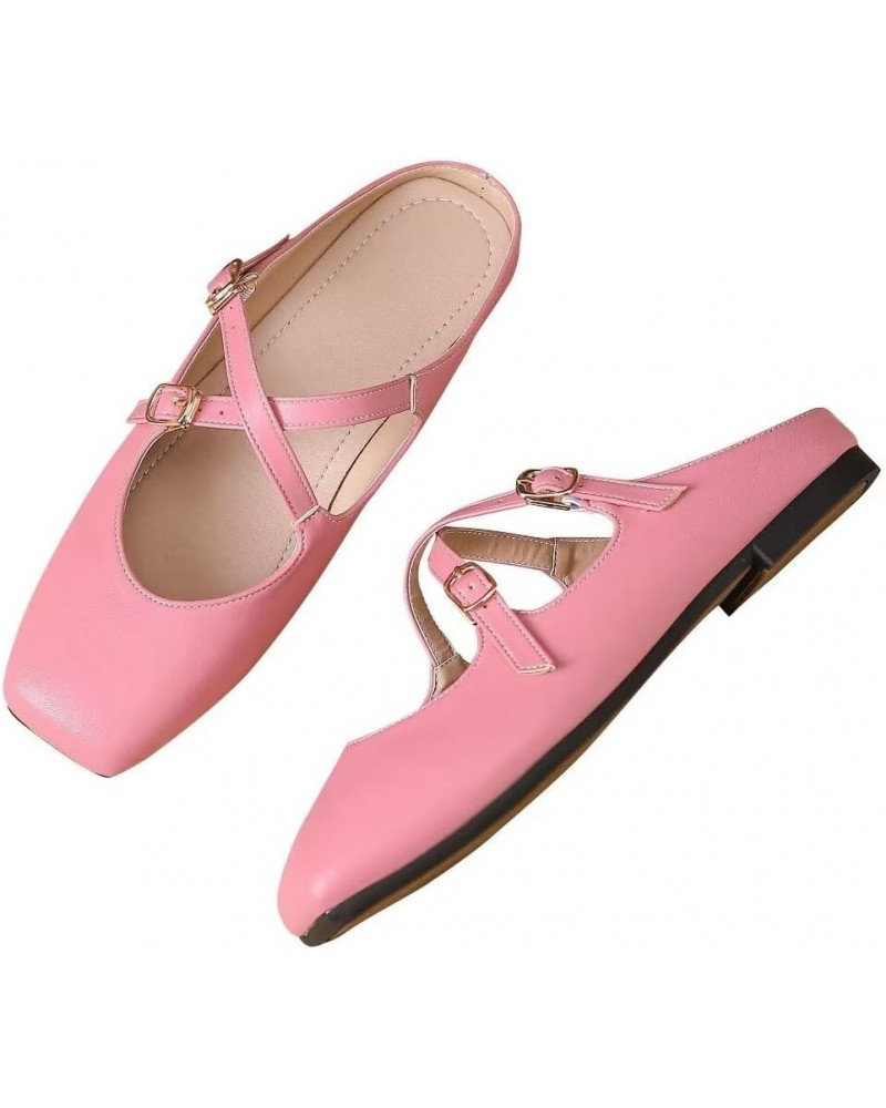 Women's Red Mary Jane Flats Retro Square Toe Soft Ballet Flats Comfort Double Line Strap Wedding Flats C Pink $17.33 Flats