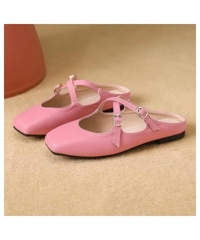 Women's Red Mary Jane Flats Retro Square Toe Soft Ballet Flats Comfort Double Line Strap Wedding Flats C Pink $17.33 Flats