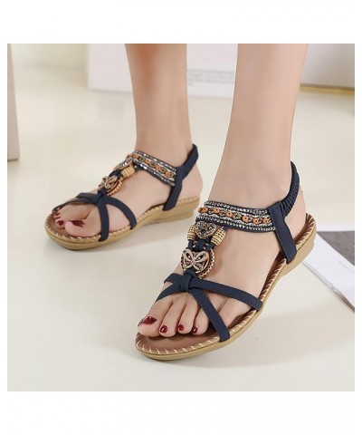 Fashion Women Casual Open Toe Flat Rhinestone Comfortable Soft Bottom Breathable Elastic Thong Sandals Heels for Blue 7 $15.9...