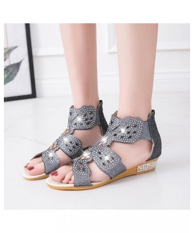 Women's Wedge Open Toe Rhinestone Sandals Womens Ankle Strap Zipper Cutout Fashion Gladiator Sandals Casual Summer Vintage Lo...