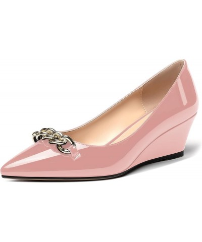 Women's Metal Chian Pointed Toe Patent Slip On Wedge Low Heel Pumps Shoes 2 Inch Pink $22.94 Pumps