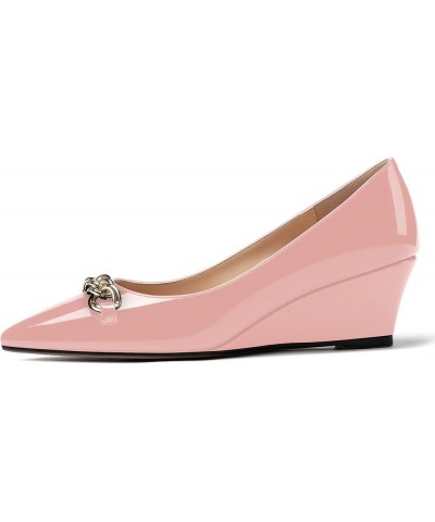 Women's Metal Chian Pointed Toe Patent Slip On Wedge Low Heel Pumps Shoes 2 Inch Pink $22.94 Pumps