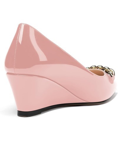 Women's Metal Chian Pointed Toe Patent Slip On Wedge Low Heel Pumps Shoes 2 Inch Pink $22.94 Pumps