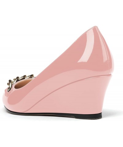 Women's Metal Chian Pointed Toe Patent Slip On Wedge Low Heel Pumps Shoes 2 Inch Pink $22.94 Pumps